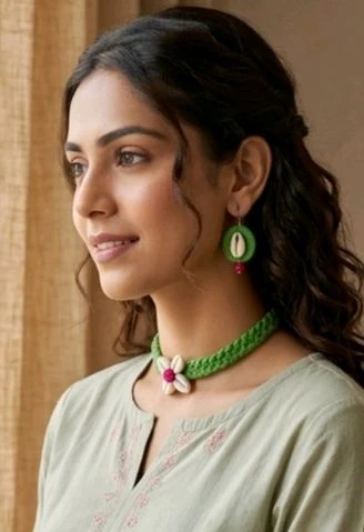 Handmade Thread And Cowrie Shell Jewellery Set - Green