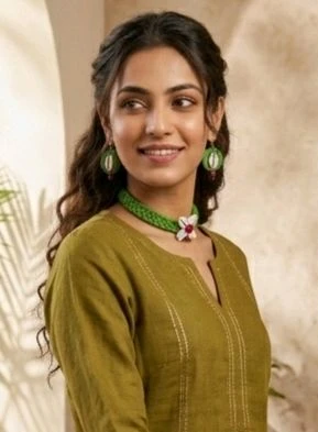 Handmade Thread And Cowrie Shell Jewellery Set - Green