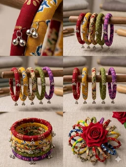 SenCrafts Hand-Printed Fabric & Ghungroo Bangle Set - 2.2