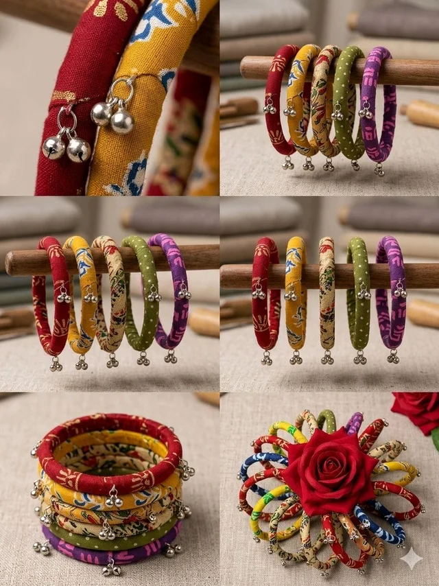 SenCrafts Hand-Printed Fabric & Ghungroo Bangle Set - 2.2