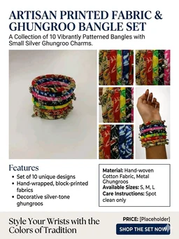 SenCrafts Hand-Printed Fabric & Ghungroo Bangle Set - 2.2