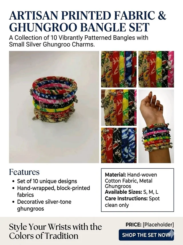 SenCrafts Hand-Printed Fabric & Ghungroo Bangle Set - 2.2