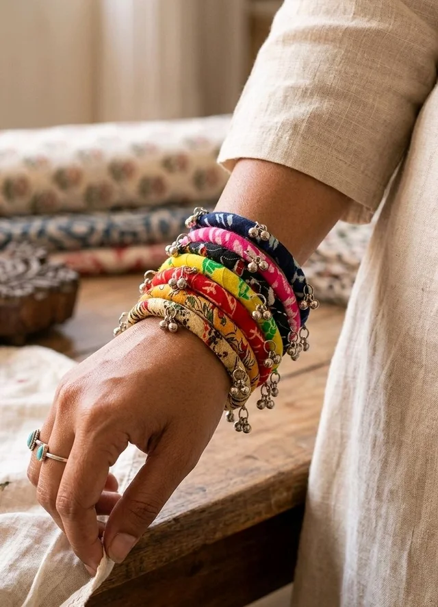 SenCrafts Hand-Printed Fabric & Ghungroo Bangle Set - 2.2