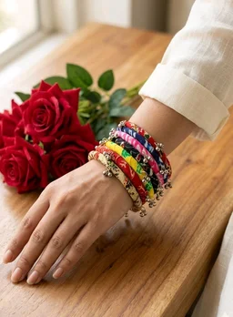 SenCrafts Hand-Printed Fabric & Ghungroo Bangle Set - 2.4