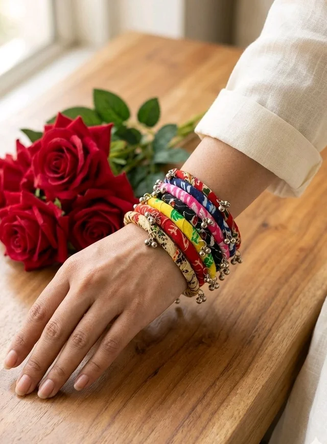 SenCrafts Hand-Printed Fabric & Ghungroo Bangle Set - 2.2