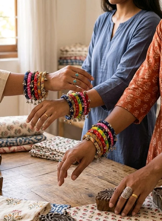 SenCrafts Hand-Printed Fabric & Ghungroo Bangle Set - 2.2