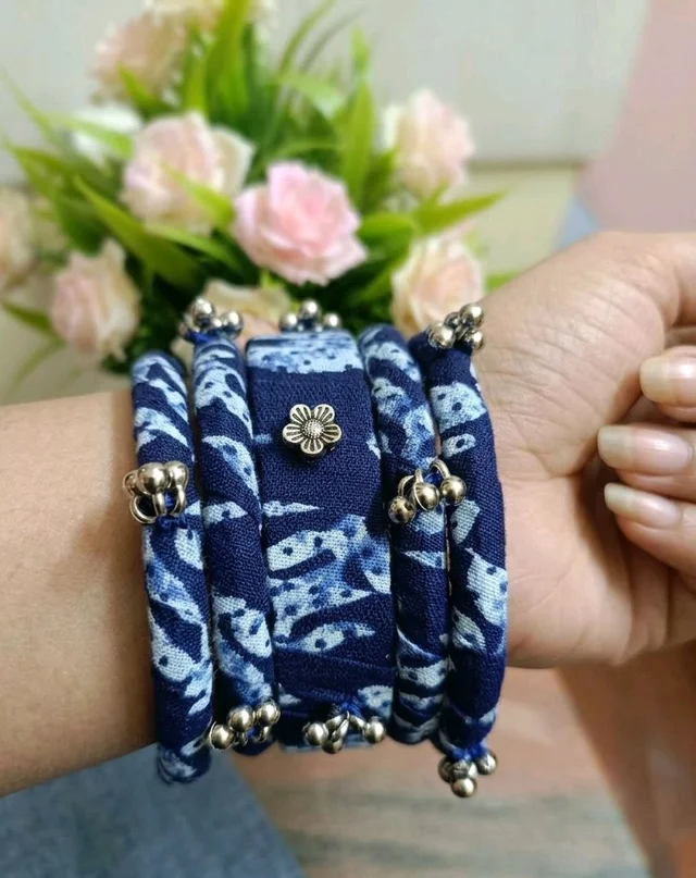 SenCrafts Hand-painted Indigo & Ghungroo Bangles Set - 2.2