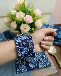 SenCrafts Hand-painted Indigo & Ghungroo Bangles Set - 2.2