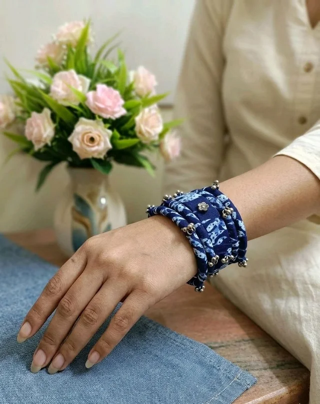 SenCrafts Hand-painted Indigo & Ghungroo Bangles Set - 2.2