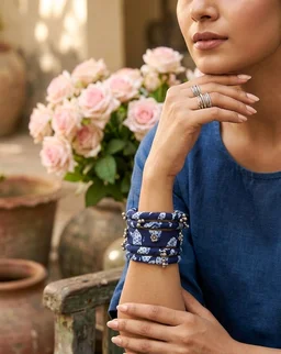 SenCrafts Hand-painted Indigo & Ghungroo Bangles Set - 2.4