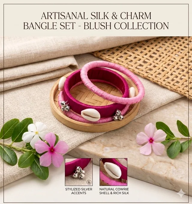 SenCrafts Handcrafted Artisanal Silk & Charm Bangle Set - 2.2, pink