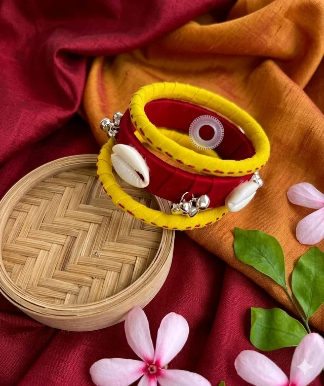 SenCrafts Handcrafted Artisanal Silk & Charm Bangle Set - 2.8, Yellow
