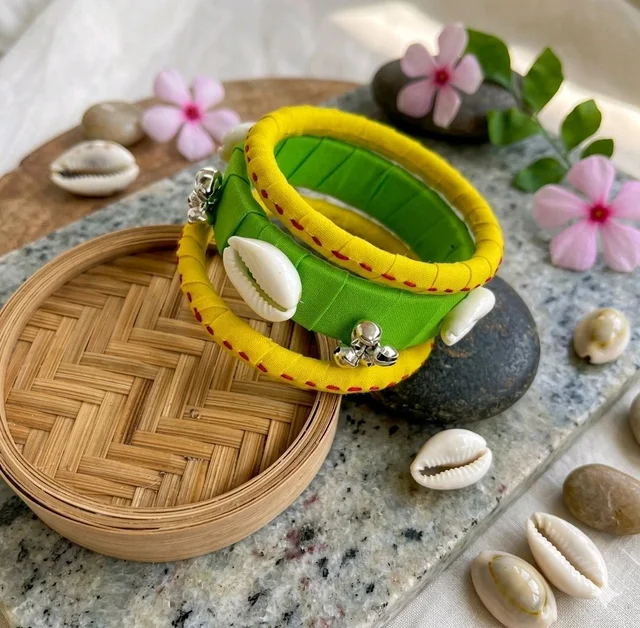 SenCrafts Handcrafted Artisanal Silk & Charm Bangle Set - 2.6, Green