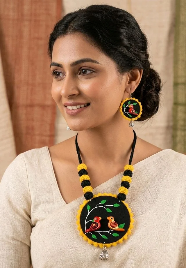 SenCrafts Hand-printed Bird's Of Paradise Jewellery Set - Black