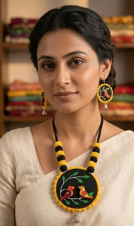 SenCrafts Hand-printed Bird's Of Paradise Jewellery Set - Black