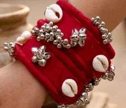 SenCrafts Hand Threaded Red Silk And Cowrie Bangles Set