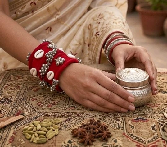 SenCrafts Hand Threaded Red Silk And Cowrie Bangles Set