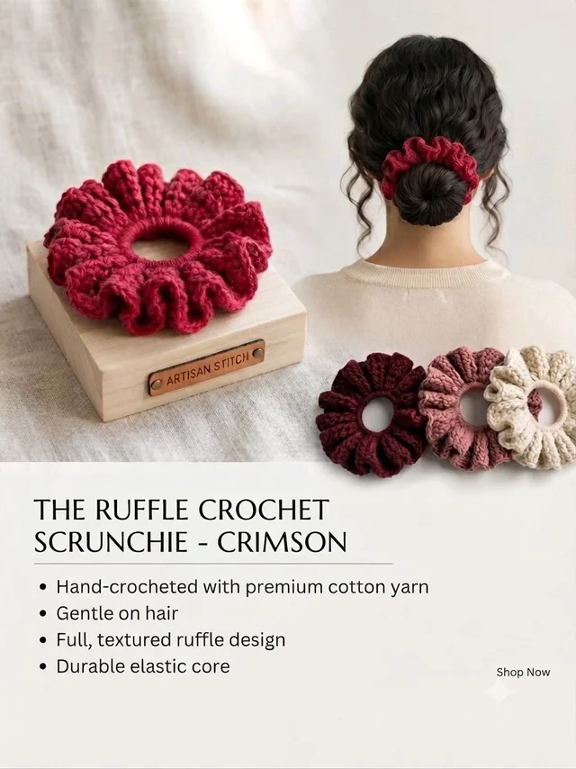 SenCrafts Handmade Crocheted Red Woolen Scrunchies