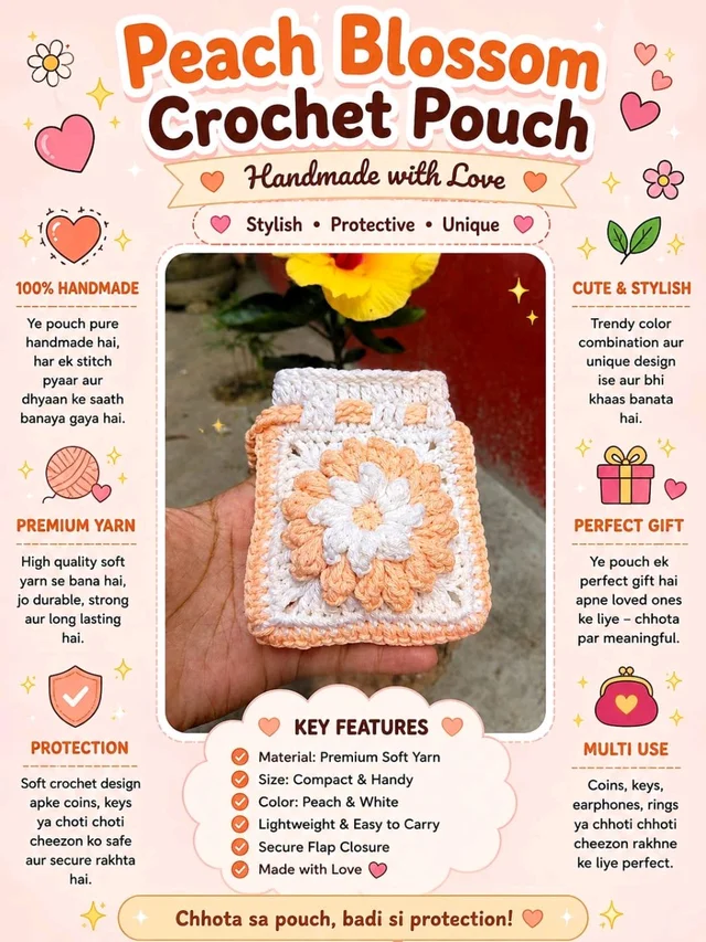 SenCrafts Hand Crocheted Peach Blossom Pouch