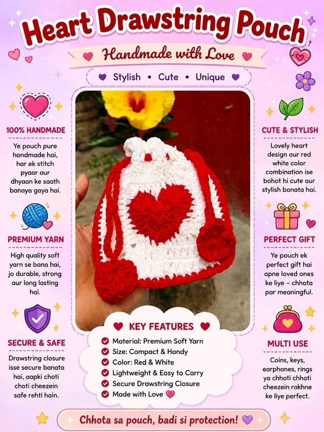 SenCrafts Hand Crocheted Red Heart Drawstring Pouch