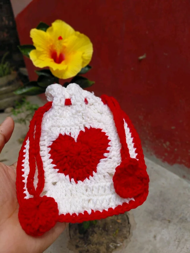 SenCrafts Hand Crocheted Red Heart Drawstring Pouch