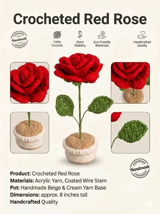 SenCrafts Hand Crocheted Red Rose Potted Plant