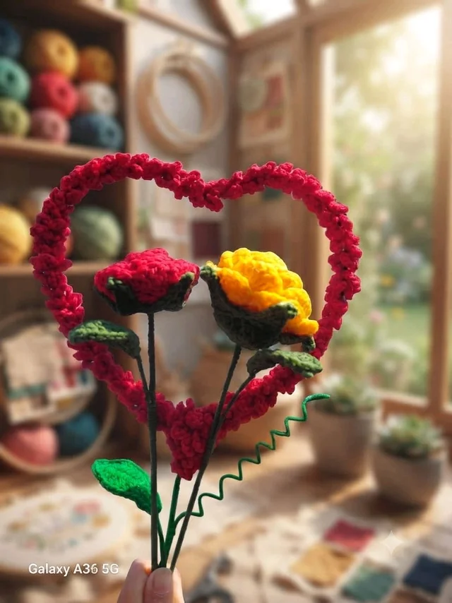 SenCrafts Hand Crocheted Love Bouquet With Yellow & Red Rose