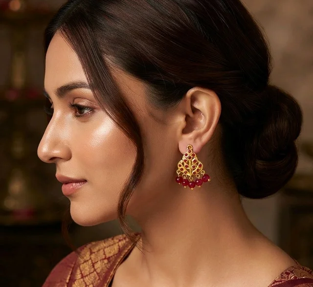 Golden Anti Turnished Red Stone Earrings Set