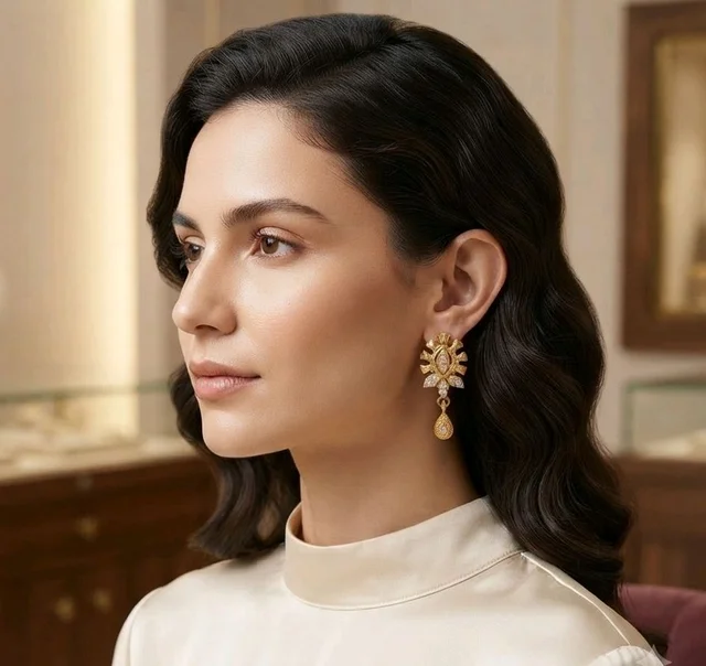 Golden Anti Turnished White Crystal Earrings Set