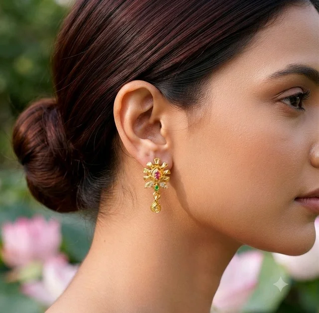 Golden Anti Turnished Red Crystal Earrings Set
