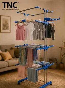 TNC STAINLESS STEEL JUMBOO FLOOR 3 LAYER CLOTH DRYING STAND
Name: TNC STAINLESS STEEL JUMBOO FLOOR 3 LAYER CLOTH DRYING STAND
Material: Stainless Steel
Product Length: 100 cm
Product Height: 100 cm
Product Breadth: 65 cm
Net Quantity (N): 1
The present invention relates to a folding collapsible clothes rack. The racks include two fixed side frames pivots . connected separated to the fixed side frame . A pair of reinforces links are pivoted together & coupled between the fixed side frames. Double pole 3 laye