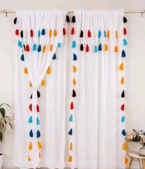 Polyester 2 Curtains With Tassel Work 