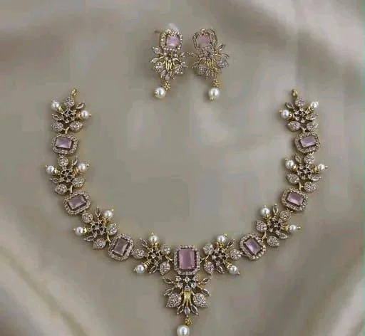 Luxury Pink Stone AD Necklace Set with Pearl Drops for Women