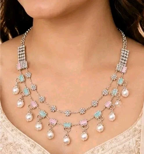 Women's Silver Plated Pearl & Pastel Stone Necklace Set with Earrings & Maang Tikka