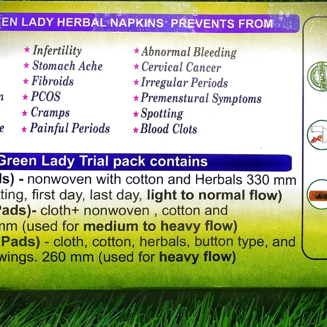TRIAL COMBO Green Lady herbal cotton cloth sanitary napkins 2 pads in each