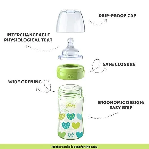 CHICCO WB FEEDING BOTTLE 250ML (2M+) NEW GREEN