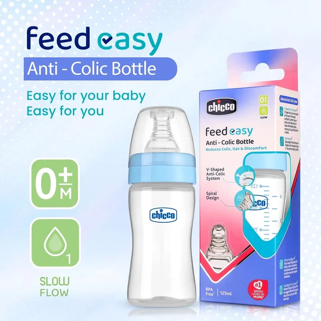 CHICCO BOTTLE FEED EASY 125ML BLUE COL 0M+