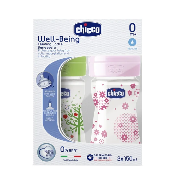 CHICCO WB FEEDING BOTTLE BI-PACK (0M+) 150ML PINK & GREEN