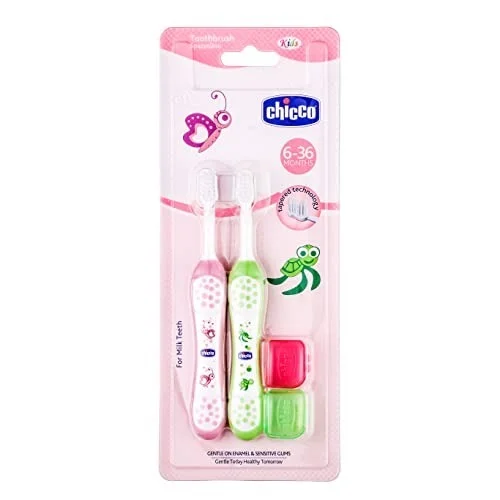 CHICCO TOOTHBRUSH SET PINK+GREEN 6M-36M