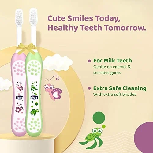 CHICCO TOOTHBRUSH SET PINK+GREEN 6M-36M