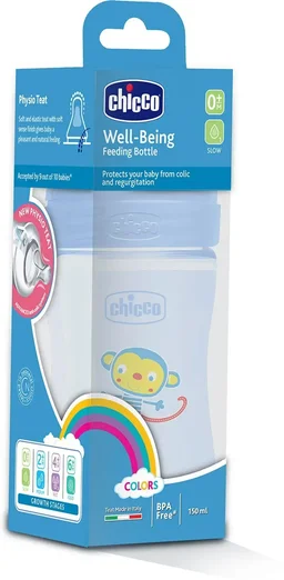 CHICCO WB PP BOTTLE 150ML COL BLUE SLOW 0M+ IN