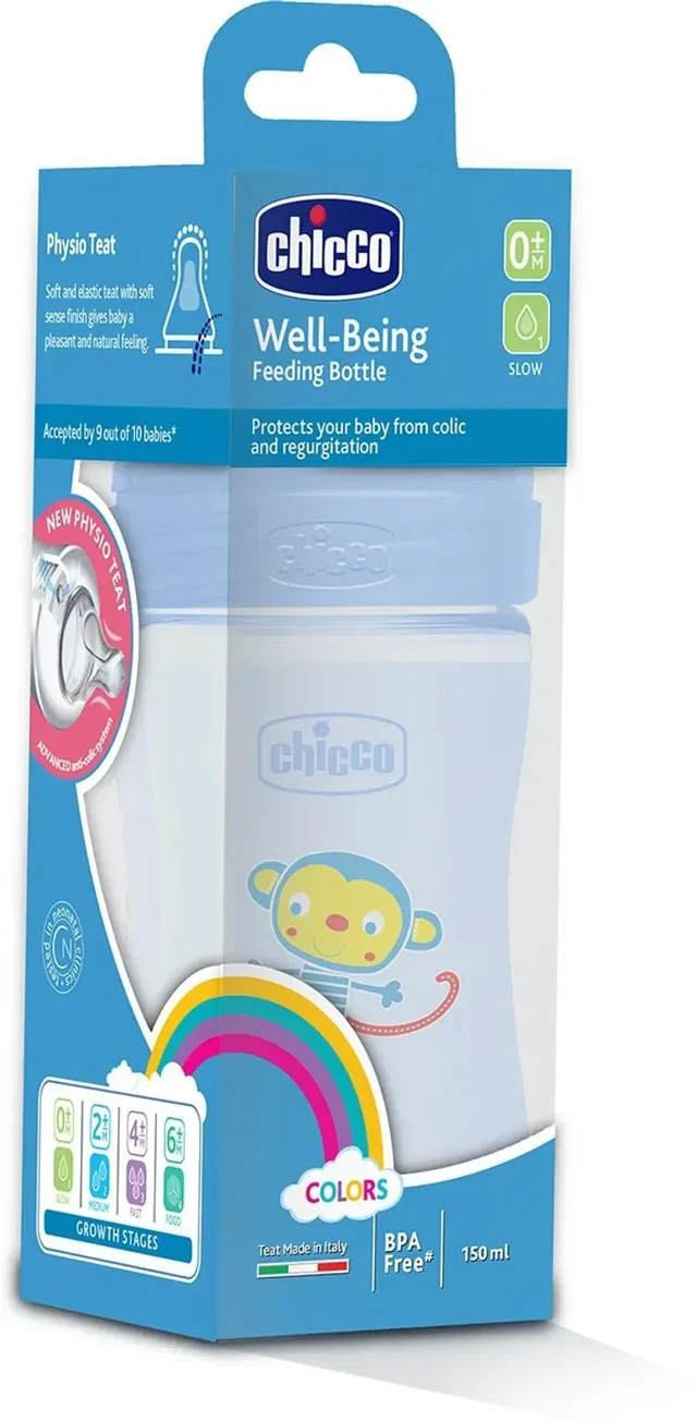CHICCO WB PP BOTTLE 150ML COL BLUE SLOW 0M+ IN