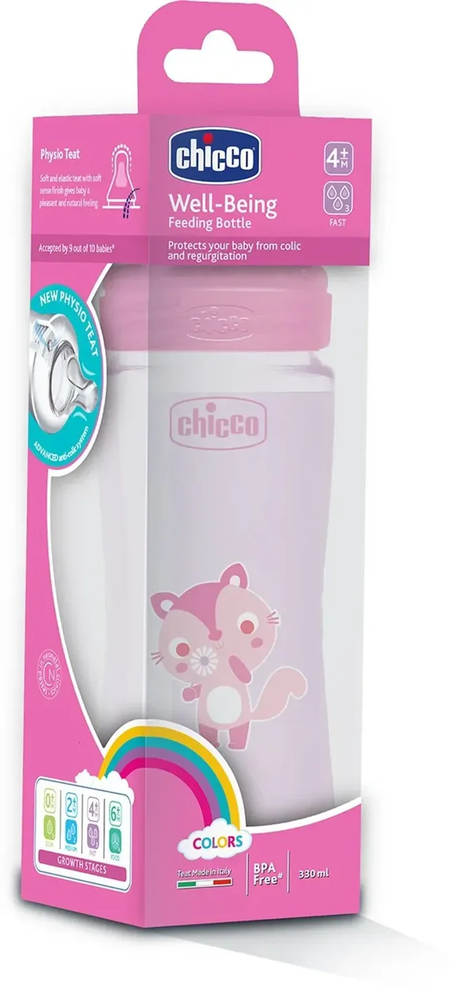 CHICCO WB PP BOTTLE 330ML COL PINK FAST 4M+ IN