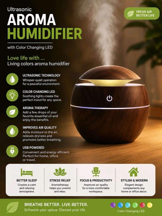 Ultrasonic Aroma Humidifier With Colour Changing Led