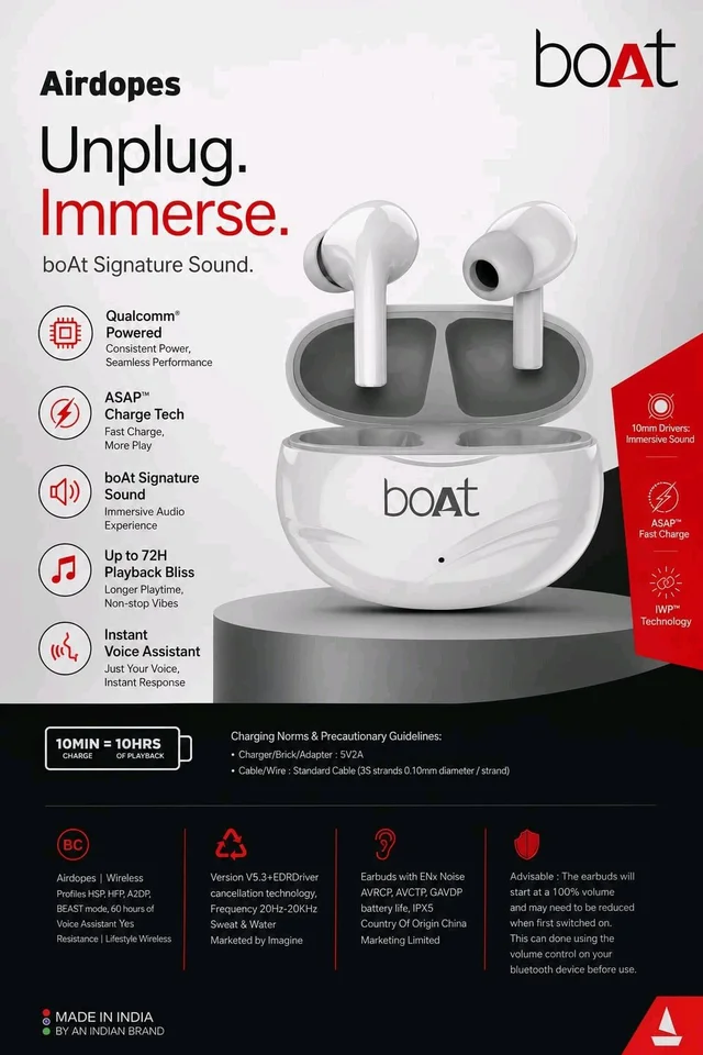 Boat Airdopes BT Anhui // 1 Year Counter Warranty 