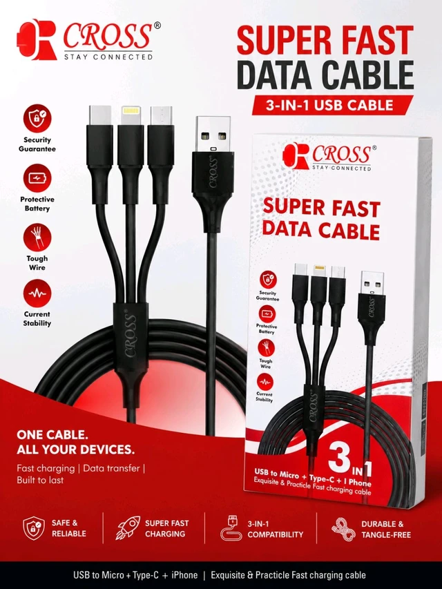 Cross Super Fast Data Cable 3 in 1 //Usb Cable Usb To Micro + Type-C+I Phone // 1 Year Warranty 