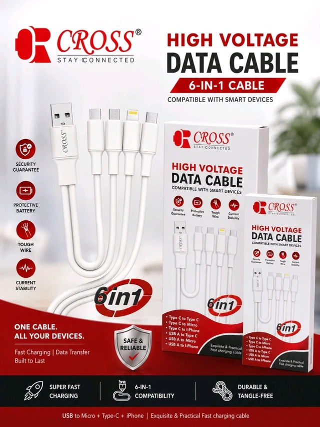 Cross High Voltage Data Cable 6 In 1 Cable// 1 Year Counter Warranty 