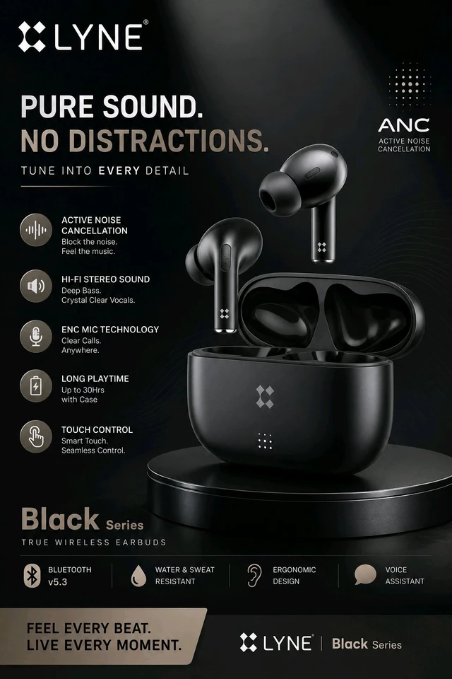 Lyne Cool pods 23 Pro| ANC Black Series,|1 Year Counter Warrenty 