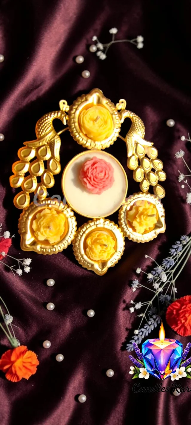 Peacock Flower Diya Scented Candle Set - Honeysuckle Dew