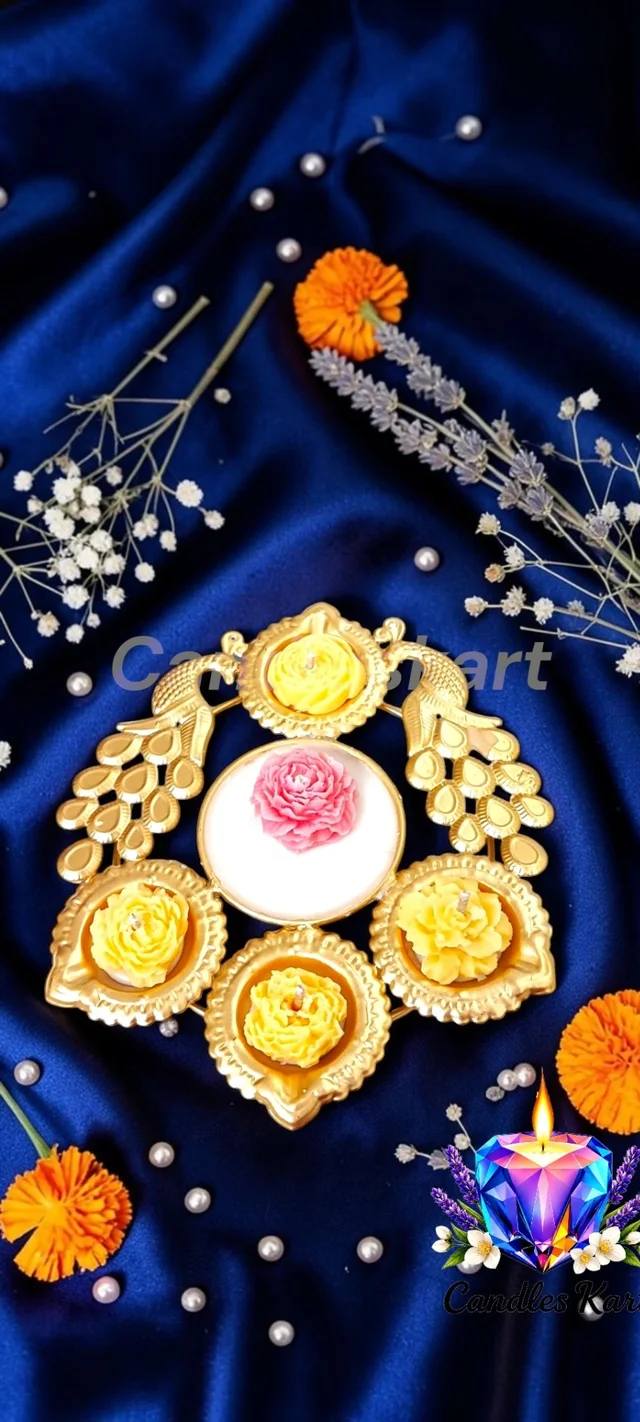 Peacock Flower Diya Scented Candle Set - Honeysuckle Dew